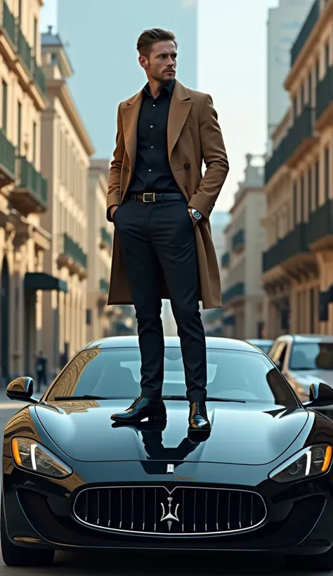 A man standing on the bonut of a luxury car in coat pant and a watch on his wrist