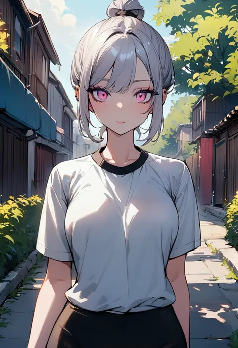 top quality, 1 female, long silver hair, hair tied, piercing pink eyes, standing, outdoors, cool style, wearing training shirt, calm expression, perfect face, perfect hands