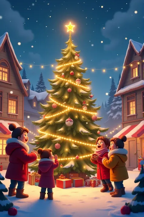 "Create a festive Christmas animation featuring cozy, snow-covered village scenes with twinkling lights and decorated houses. Show cheerful characters bundled up in winter clothes, laughing, singing, and gathering around a warmly lit Christmas tree in the ...