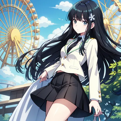 A 22-year-old peerless beauty with glossy, straight black hair that reaches halfway down her back. A theme park with a Ferris wheel and a roller coaster in the background. She wears a snowflake hair ornament. She is wearing a white-based blazer with many g...