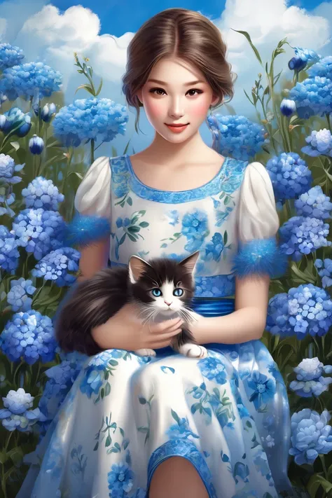 (Beautiful young girl wearing a beautiful dress made of blue flowers:1.5)，(Holding a cute kitten:1.5)，Beautiful landscape background，White Cloud，fantasy-realism，Fascinating，HDR，Highly detailed photorealistic digital art