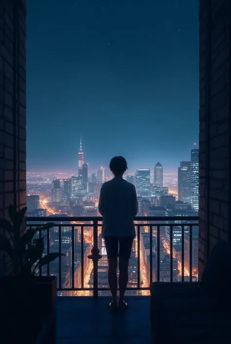 City seen from a balcony at night with the buildings illuminated by the lights inside and a starry sky in a humid environment 