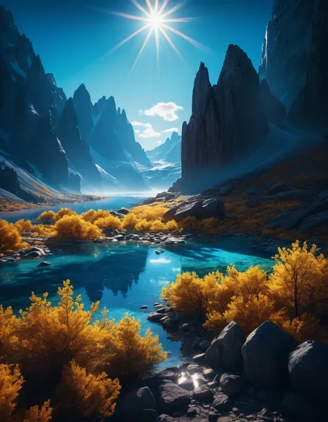 glowing in the sunlight, a stunning blue natural scene, glowing detailed realistic landscape, epic dramatic lighting, vivid colors, cristal lights photorealistic, masterpiece, 8k, hyper-detailed, volumetric lighting, cinematic composition, dramatic atmosph...