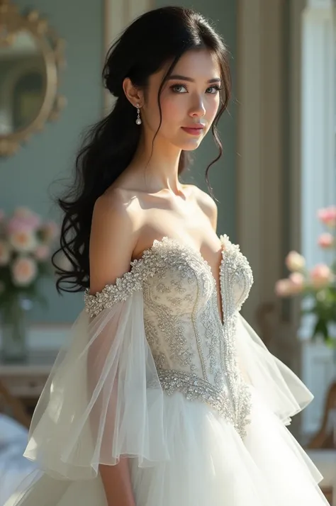 Beautiful girl with blue eyes white skin black hair recognize in a low updo made up beautiful for her wedding with long eyelashes wearing a diamond-colored wedding dress with fitted lace and stone corset that fits up to her waist of the drop an embroidered...