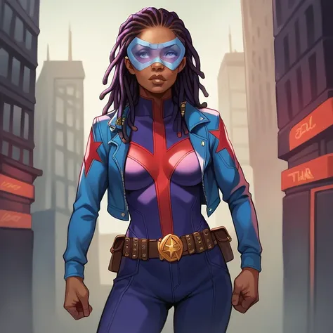  masterpiece ,  best quality ,  ultra high resolution ,  realistic skin texture, comics style, 4k image, beautiful,  an African-American girl , dreadlocks, belt, Alone, long hair, purple eyes,  superhero visor  , breasts,  looking at the spectator, purple ...