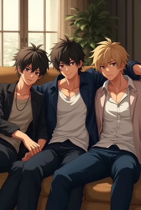 Three sexy brother figures ,couch on a couch a three handsome and sexy brothers, three people on couch 3 anime boys, wearing casual dresses 