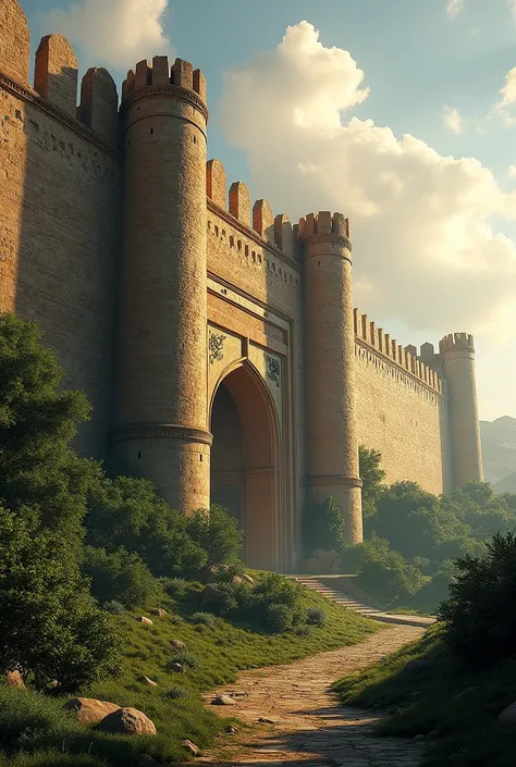 A majestic wall built by Hazrat Zulkarnain to protect against Yajooj Majooj, intricate stonework, ancient architecture, lush greenery surrounding, sunlight casting dramatic shadows, capturing a sense of history and strength --ar 1:1 --s 100 --no people