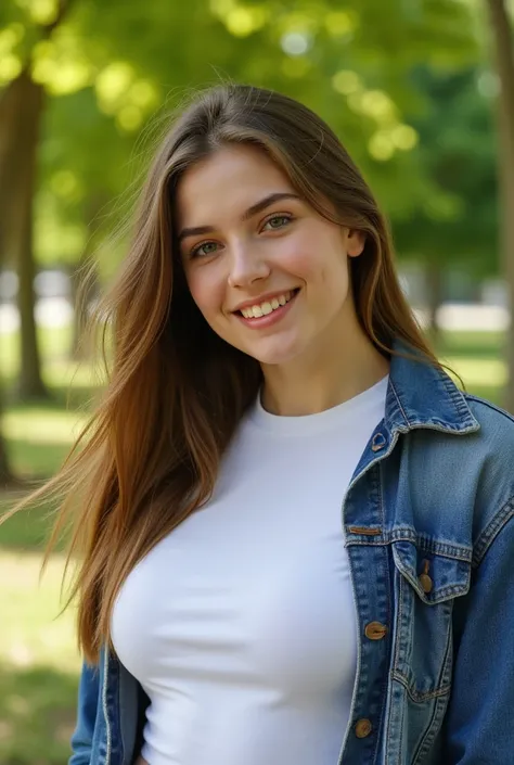 ((masterpiece, best quality, 8k,))A young woman in her early twenties, with long brown hair, big breast and a light breeze blowing through it. She’s wearing a casual denim jacket and a white T-shirt, standing in a sunlit park with green trees in the backgr...