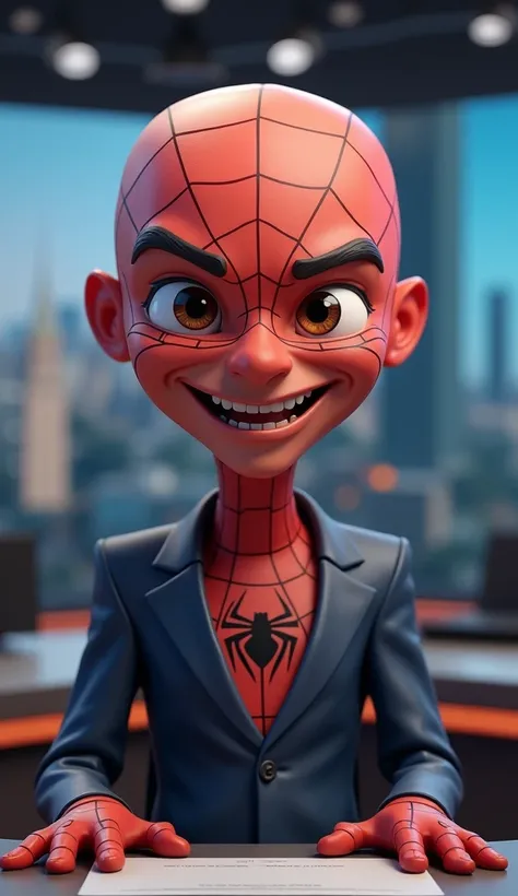 3D caricature image of Spyderman not wearing a mask with a big head and a funny face. sitting in front of the news desk