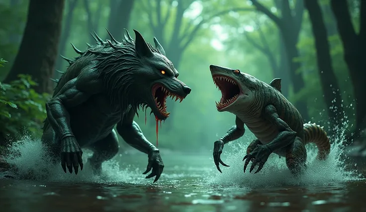 3D realistic Venom + Wolf with glowing green venom on its claws, set in a dense forest. Shark + Scorpion hybrid with a shiny, wet body and a venomous tail, emerging from the water.
