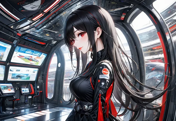 panoramic, (beautiful and delicate), (immensely beautiful illustration), (solo, 18,yo, profile:1.3), ((beautiful hime-cut)) (beautiful vivid black hair beauty long hair), (best cool girl), (best cool beauty red eyes) (beautiful glossy lip) ((beauty makeup)...