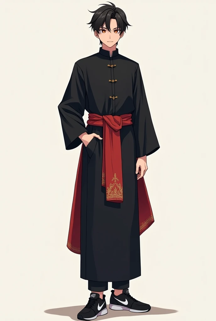 Anime man wearing black baju melayu with samping and wearing nike sneakers 