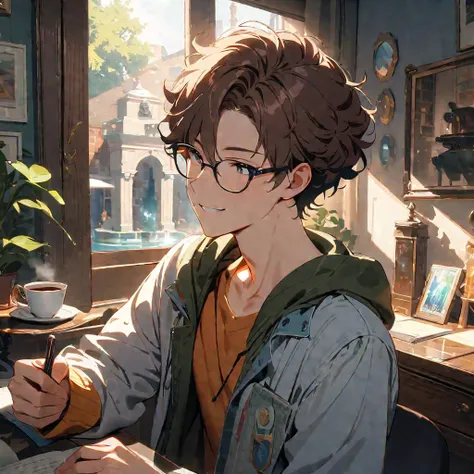   Ultra-fine,masterpiece, Awards, Best Quality ,1 person,  handsome boy ,Brown Hair,23 years old,Glasses,Introvert,Reflected Light,   Fantasy,sunlight,coffee,books,    short hair, Curl perm,fountain outside the window,The best smile,