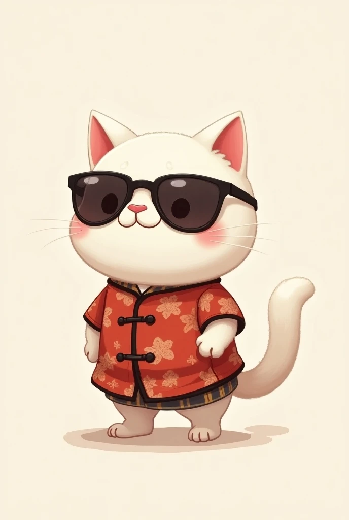 A white cat standing upright and wearing sunglasses takes up the entire frame. 
Make it stand on two legs like a human. Chibi style.The body is a little fatter. Hands on hips, wearing Chinese style clothes 