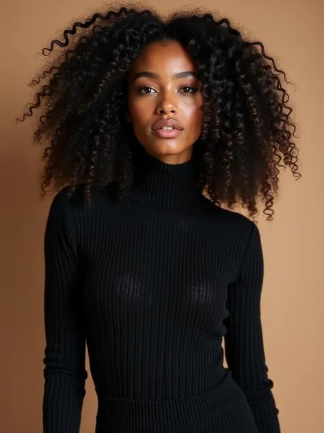 A beautiful and surprising black Brazilian woman， full body wool sweater，Free loops, hair negro curly, (dark, , hair curly), Pelo largo y curly largo y salvaje negro, Cabello Multiversal, Brazilian, , hair negro curly, hair negro curly, attract, hair ondul...