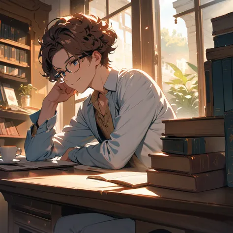   Ultra-fine,masterpiece, Awards, Best Quality ,1 person,  handsome boy ,Brown Hair,23 years old,Glasses,Introvert,Reflected Light,   Fantasy,sunlight,coffee,books,    short hair, Curl perm,fountain outside the window,The best smile,