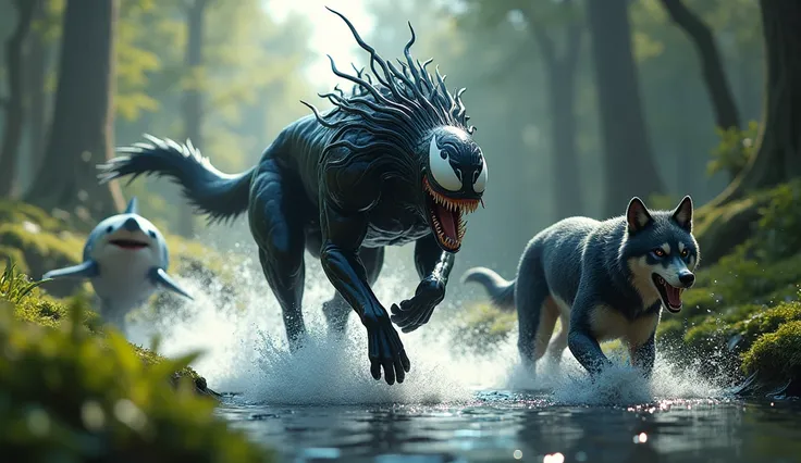 Realistic 3D scene with Venom + Wolf sprinting through a lush forest, venom glowing as it shoots out toward Shark + Scorpion, who is emerging from the water.
