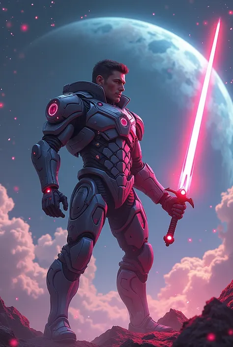 spspace composition in sci-fi style, anime character style in the foreground, retro render, 8k. Main character 6 man, 35 years old, in an exo-suit with a plasma sword in his hand