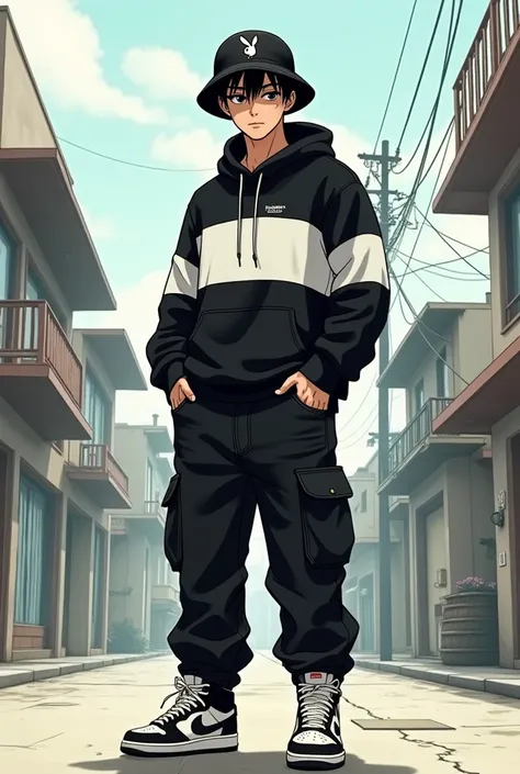 Mexican cholo with playboy bucket hat thats white and black wearing all black clothing plain pro club sweater and baggy 501 Levis black jean  and air force 1 shoes with hunter x hunter anime style with short hair that you could barely see  