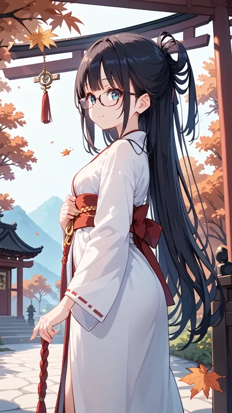 Black Hair, long hair,Glasses, Japanese Shrine Maiden, Japanese shrines ,Beautiful autumn sunshine,  high resolution on down  , 最高quality, Accurate, 高quality, quality,   very detailed,
