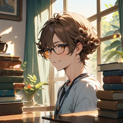   Ultra-fine,masterpiece, Awards, Best Quality ,1 person,  handsome boy ,Brown Hair,23 years old,Glasses,Introvert,Reflected Light,   Fantasy,sunlight,coffee,books,    short hair, Curl perm,fountain outside the window,The best smile,