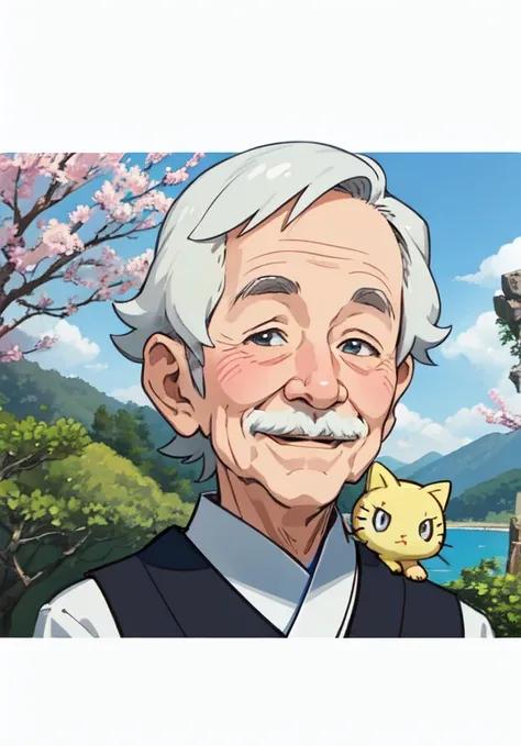 A very cartoonish, extremely deformed with few lines and very simple, smiling picture like a watercolor painting. An old man and an old woman standing in a natural Japanese landscape have large heads and small bodies like cute characters such as Pokemon an...