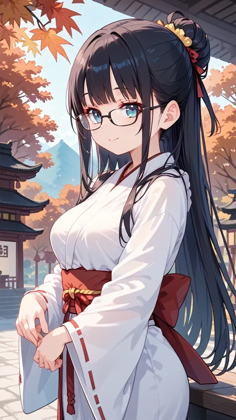 Black Hair, long hair,Glasses, Japanese Shrine Maiden, Japanese shrines ,Beautiful autumn sunshine,  high resolution on down  , 最高quality, Accurate, 高quality, quality,   very detailed,
