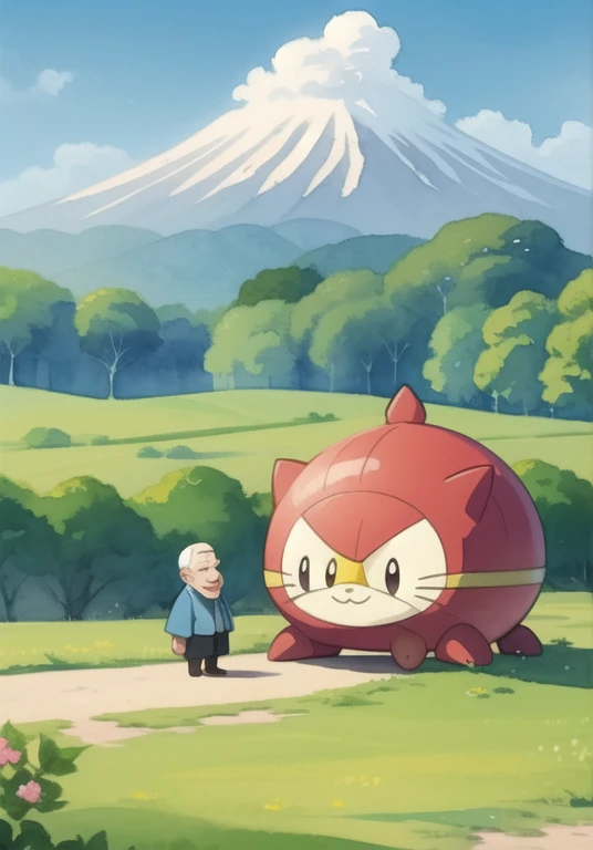 A very cartoonish, extremely deformed with few lines and very simple, smiling picture like a watercolor painting. An old man and an old woman standing in a natural Japanese landscape have large heads and small bodies like cute characters such as Pokemon an...