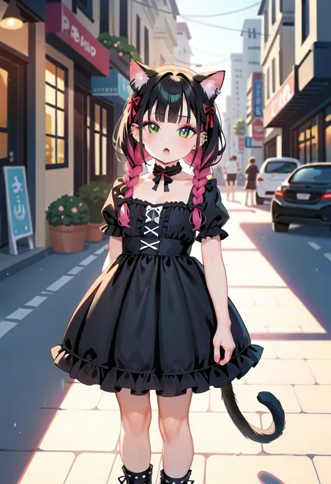 masterpiece, high resolution, best quality, baby body, baby height, flat chest, baby face, girl plays guitar and sings a song on the night street, cat ears, cat tail, lolita dress, colored hair, twin braids, piercing, makeup, tattoo