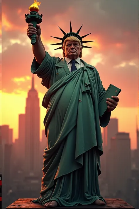 Create a muscular humanoid fusion of Donald Trump and the Statue of Liberty. The character has a powerful, robust physique, with Trump’s iconic blond hairstyle blended with the Statue’s crown. His face combines Trump’s confident expression with the Statue’...