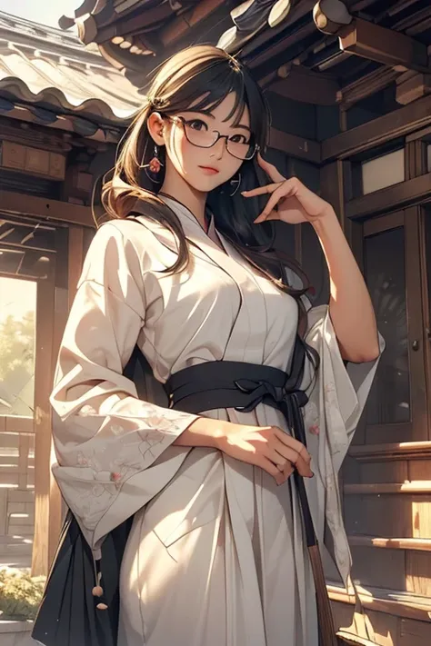 ((Best Quality)), ((傑Best Quality、masterpiece、High sensitivity、 high resolution on down、詳細な描写、 Delicate Facial Description)), Slender woman、Glasses、Entrance of the house、With a broom、Clean up、