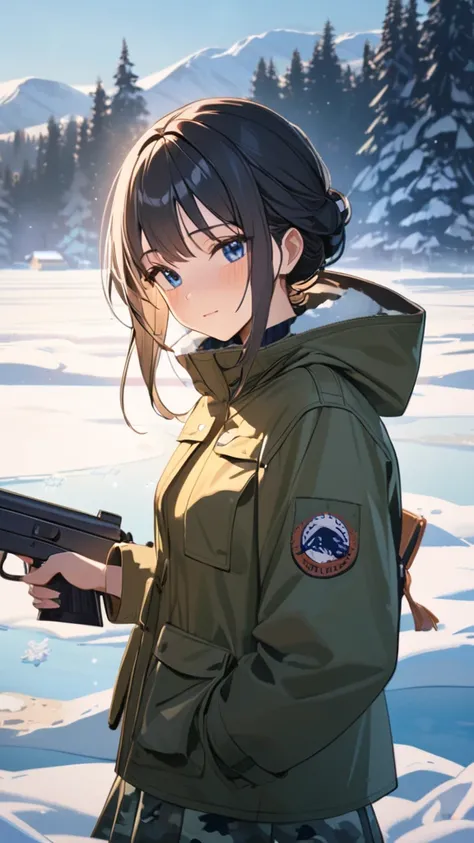 1 girl, (Calm expression),  long hair,  Survival Jacket ,  Camouflage Skirt,  small breasts,  Figure Holding a Gun , break,   Cold Morning Light , (Cold Light :1.1), Light Tone, Sparkling snow, Happy atmosphere,  break,  Ice Lake ,  Cold Scenery , Reflecti...