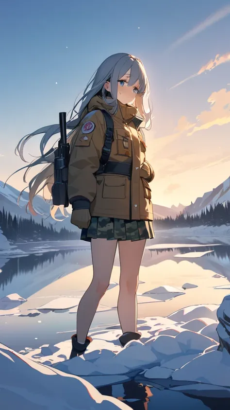 1 girl, (Calm expression),  long hair,  Survival Jacket ,  Camouflage Skirt,  small breasts,  Figure Holding a Gun , break,   Cold Morning Light , (Cold Light :1.1), Light Tone, Sparkling snow, Happy atmosphere,  break,  Ice Lake ,  Cold Scenery , Reflecti...