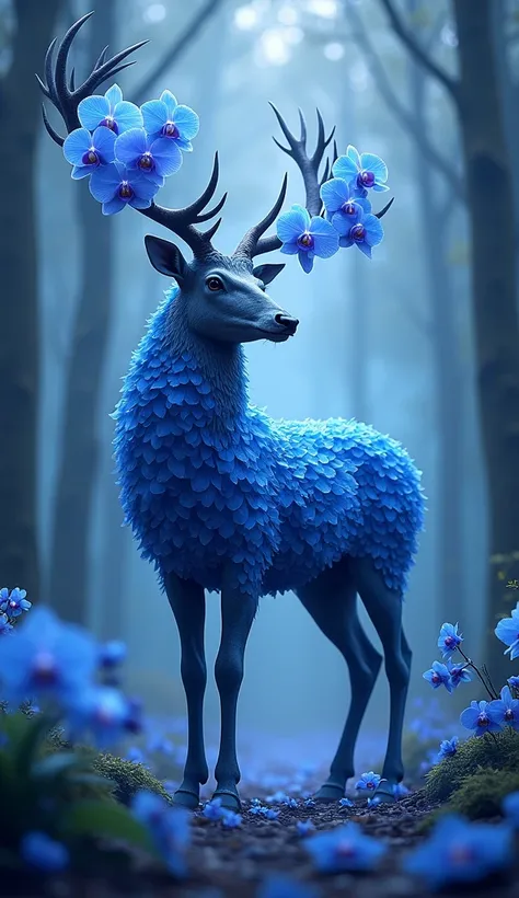 Create a digital artwork showcasing a majestic, mythical stag composed entirely of vibrant blue orchids. The stag stands in a graceful pose, with its antlers elegantly adorned with cascading orchid blooms, giving it a magical and enchanting appearance. The...