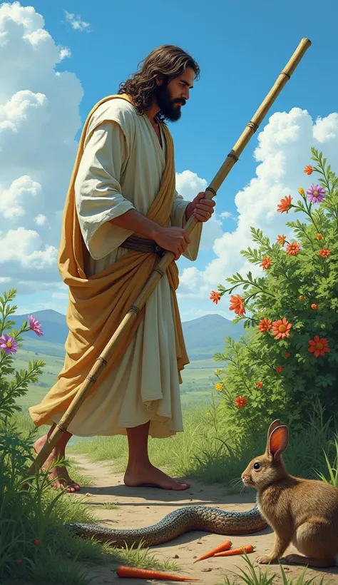 Jesus  with bamboo in hand defensive , snake injured and dying on ground , rabbit watching them nearby, carrot plants in in field, blue sky, bush flower