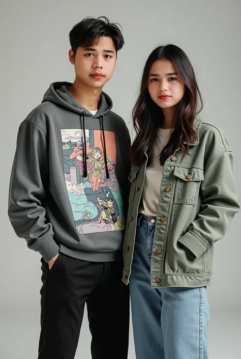 Handsome Asian man, white, slightly short neck, 21 years old, height 160cm, weight 80kg, wearing a printed hoodie with black trousers standing facing the camera together, douyin woman