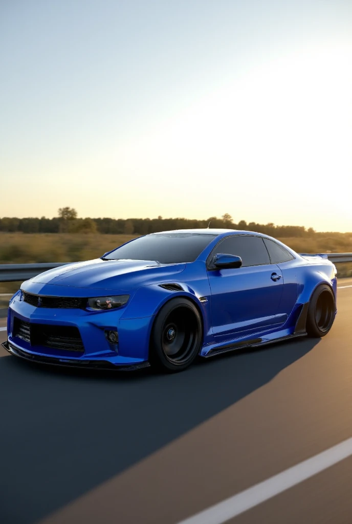 Please show me Vauxhall Monaro,in blue colour, lowered, driving on highway road with high speed on German motorway, sunny day, golden hour light,amazing look, widebody, lowered, tuning,concept design, 3d realistic concept car render, 3d render, and unreal ...