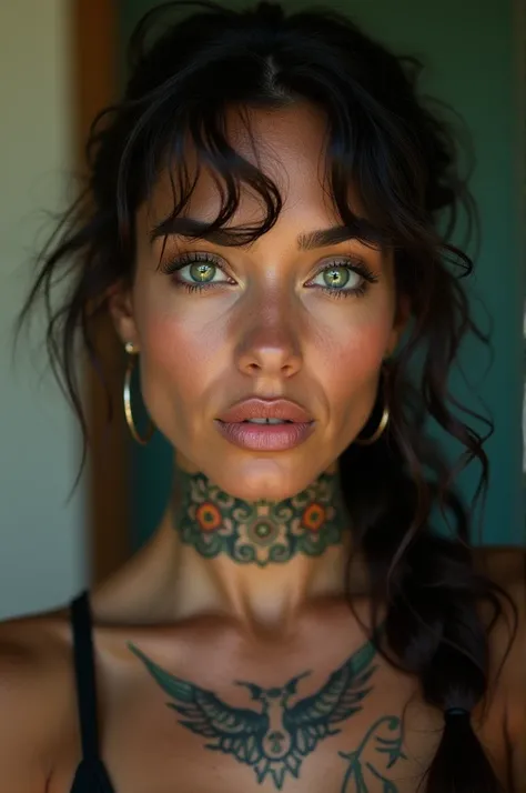 Brazilian woman, dark-skinned, striking green eyes, ornamental tattoos, com estilo streetwear