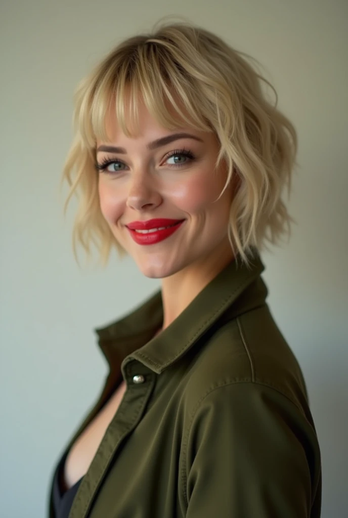 Woman, perfect face, make-up, cheeky short hair with bangs in blond, colored lips, fashionable dress with bolero jacket, dark olive green, plain standing sideways, real (3/4 body)