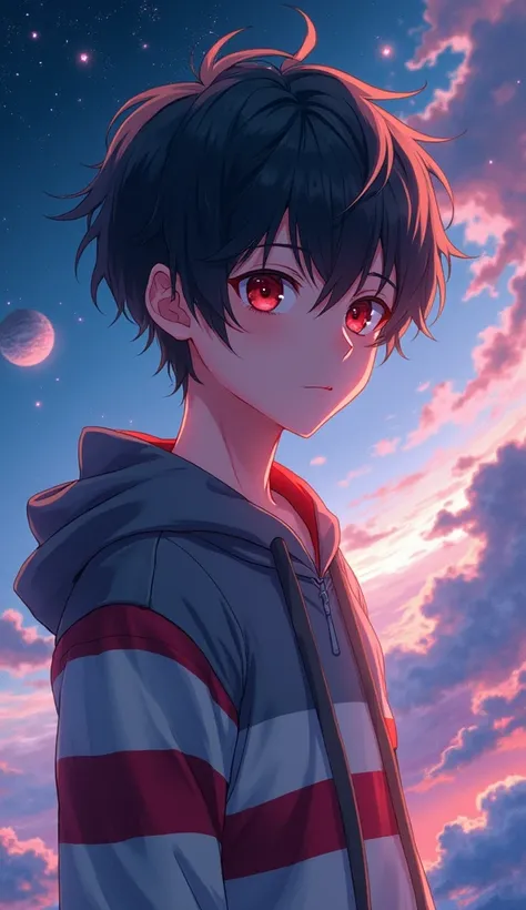  highest quality ， Ultra HD，(Details)，(masterpiece)，( best quality),(Light Layer)， anime style，1boy，Boys， short black hair ， red eyes，casual striped hoodie ， fantasy space background， upper body