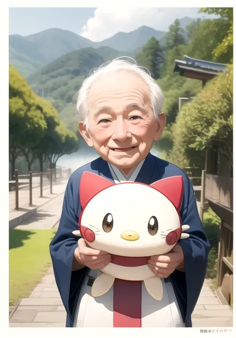 A very cartoonish, extremely deformed with few lines and very simple, smiling picture like a watercolor painting. An old man and an old woman standing in a natural Japanese landscape have large heads and small bodies like cute characters such as Pokemon an...