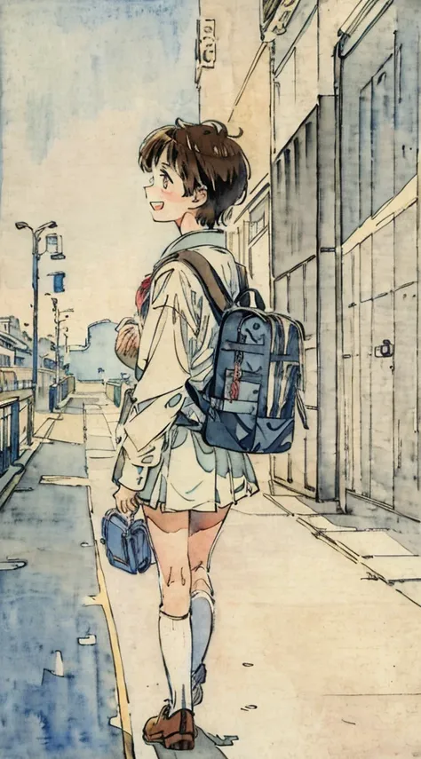  there are students around the school classroom 、 watercolor style 、Light color、Hand-drawn style, 15-year-old student、 High School Girl 、School Area、Carrying a school bag 、 Walking Girl Japan、Rear View、looked back、expensive 、Laughter、facade、 upper body、Bro...