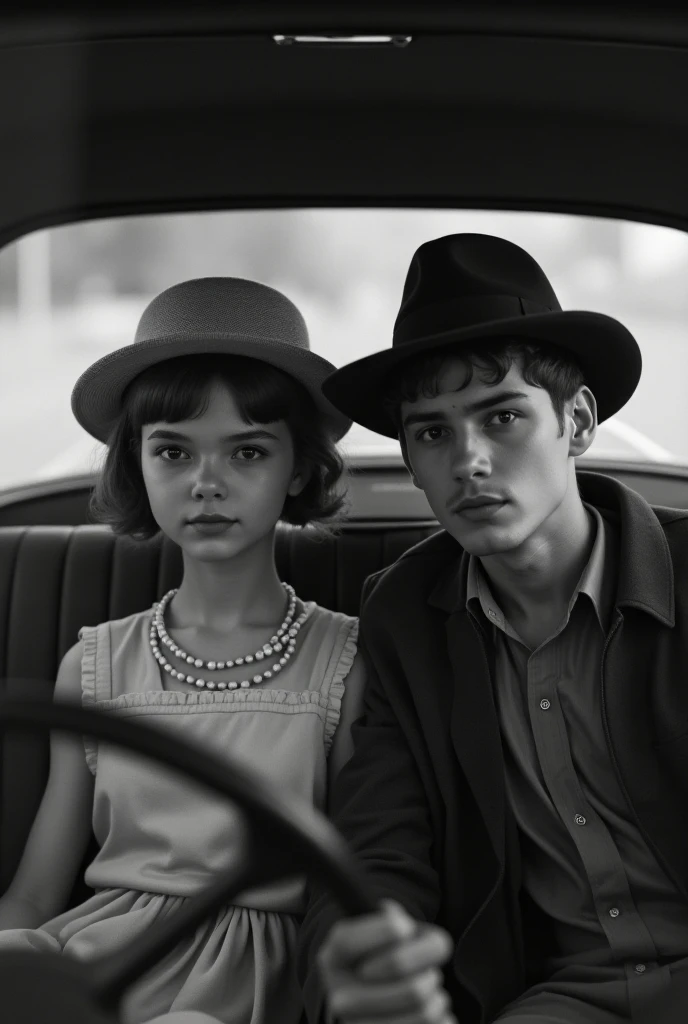  A black and white photo of a young man driving a car and a round-faced teenage girl sitting next to him.  The man is sitting in the drivers seat and wearing a hat and jacket .  The woman is wearing a dress and hat . The back seat of the car is opaque ,  a...