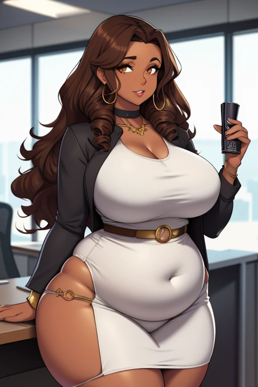 art by kipteitei, 1girl, fashion, chubby girl, thicc, thick thighs, wide hips, large breasts, office siren, long brown curly hair, dark tanned skin, moroccan girl, super curly hair