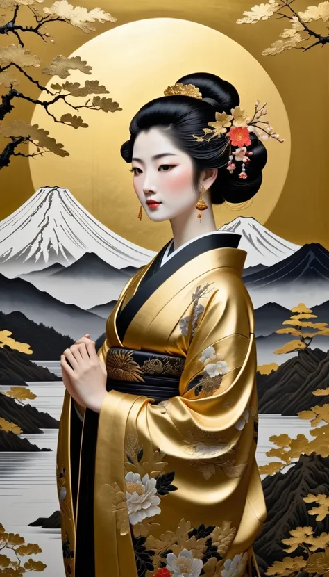 ((Masterpiece, Best Quality, Highest Resolution)),((Highly Detailed CG Integrated 8k Wallpaper)),Black and Gold Painting of a Japanese Woman in Kimono with One Large Mount Fuji in the Background,(Intricate Classical Art, Monochrome, Black and Gold, Woodblo...