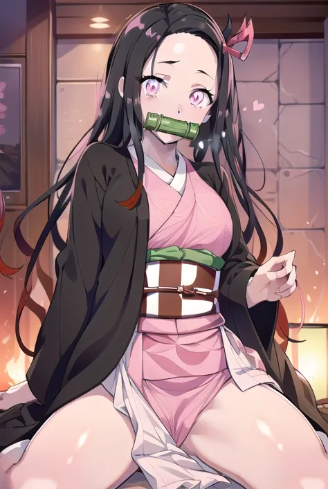 nezukokamado, nezuko kamado, bamboo, (bit gag:1.5), black hair, (forehead:1.5), gag, gagged, hair ribbon, long hair, multicolore...