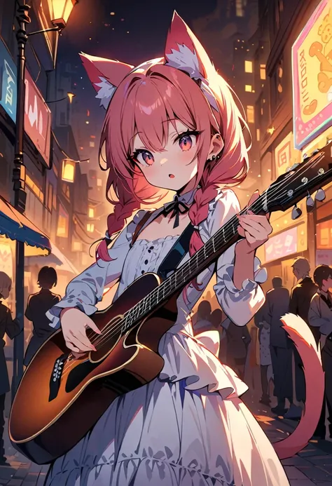 masterpiece, high resolution, best quality, baby body, baby height, flat chest, baby face, girl plays guitar and sings a song on the night street, cat ears, cat tail, lolita dress, colored hair, twin braids, piercing, makeup, tattoo