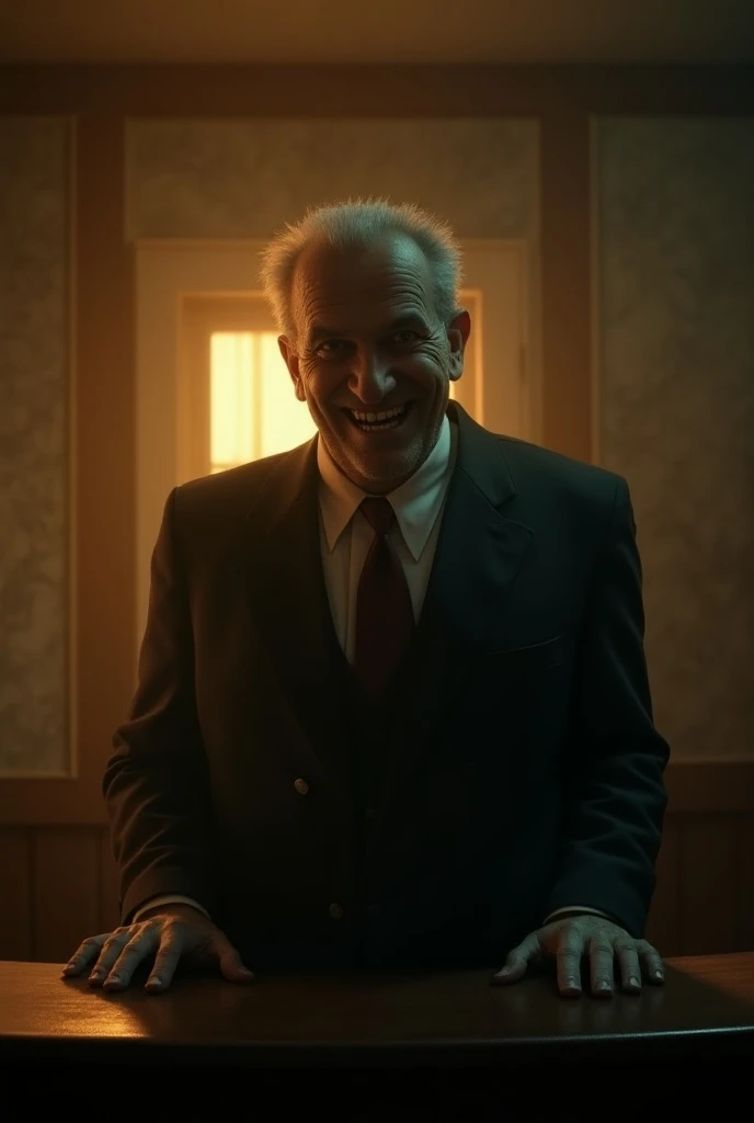 **"Grinning hotel owner at dawn**: Morning light casting a shadow on the grinning face of the hotel owner, standing at the front desk as he speaks with a sinister smile, suggesting he knows the secrets of the haunted floor."