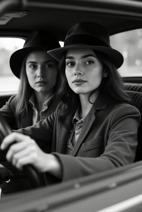 Black and white photo of a young man age 24 driving a car and a beautiful and round faced teenage chubby woman sitting next to him.  The man is sitting in the drivers seat and wearing a hat and jacket .  The woman is wearing a dress and hat . The back seat...