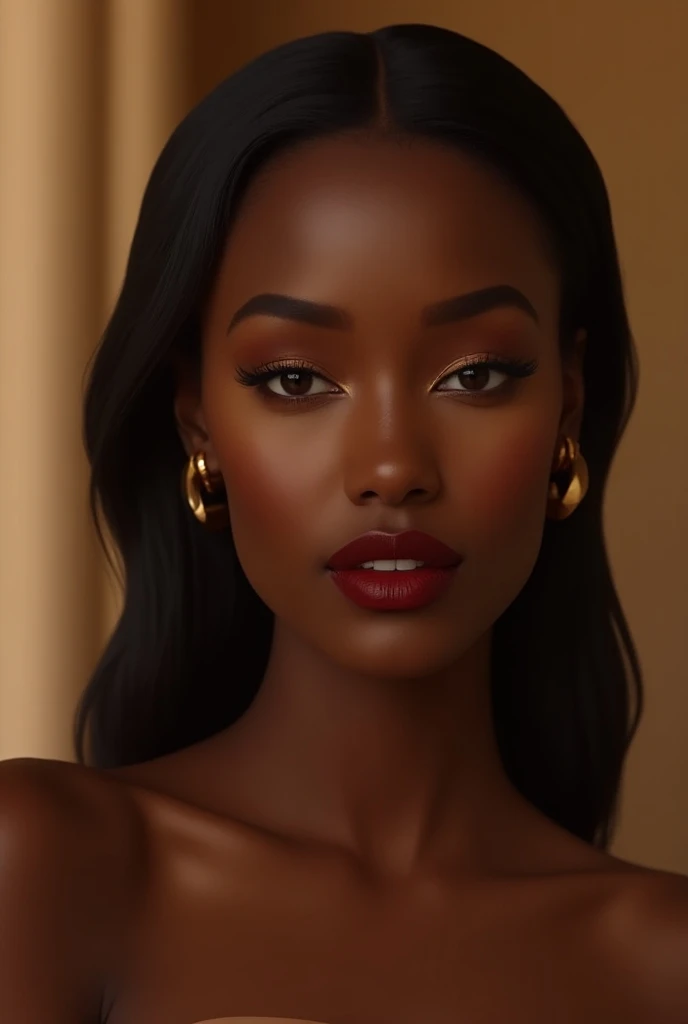 "A beautiful 25-year-old African woman with flawless, dark skin, styled with sophisticated, glamorous makeup. She has a subtle smoky eye with shimmering bronze and gold tones, expertly blended to enhance her almond-shaped eyes, and a bold, matte red lipsti...